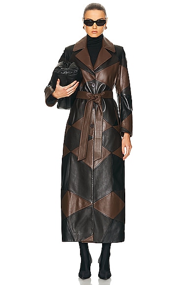 NOUR HAMMOUR for FWRD Sonja Patchwork Trench Coat in Black, Umber, & Walnut