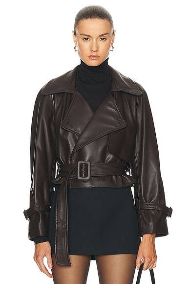 NOUR HAMMOUR Hatti Belted Cropped Leather Jacket in Molasses