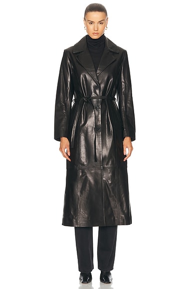 NOUR HAMMOUR Tamara Belted Leather Trench Coat in Black