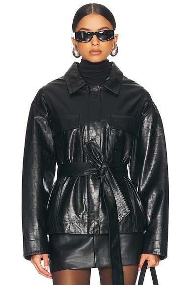 NOUR HAMMOUR Tilda Jacket in Black Gloss Croco