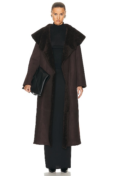 NOUR HAMMOUR Agnes Ankle Length Reversible Shearling Coat in Dark Chocolate