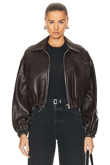 Luna Cropped Leather Bomber Jacket in Brown