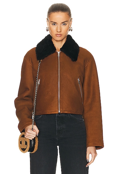 NOUR HAMMOUR Nyla Simple Cropped Shearling Jacket in Cognac & Black