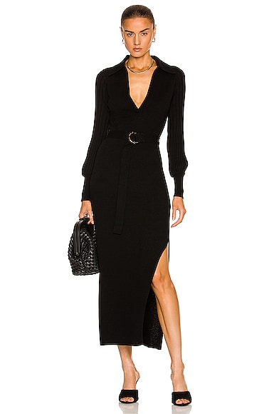 NICHOLAS Adeline Knit V Neck Long Sleeve Midi Dress in Black | FWRD