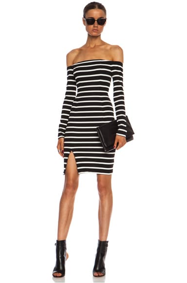 NICHOLAS Riviera Striped Off the Shoulder Poly-Blend Dress in Black ...