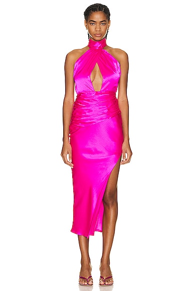 Nicholas Tula Halter Cut Out Asymmetrical Midi Dress In Bright Pink