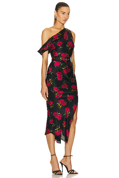 Shop Nicholas Calantha Off Shoulder Midi Dress In Magenta Rose Print