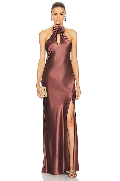 NICHOLAS Ana Halter Dress With Removable Flower in Nutmeg