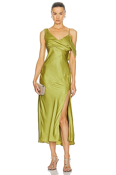 NICHOLAS Finley Asymmetrical Draped Midi Dress in Moss