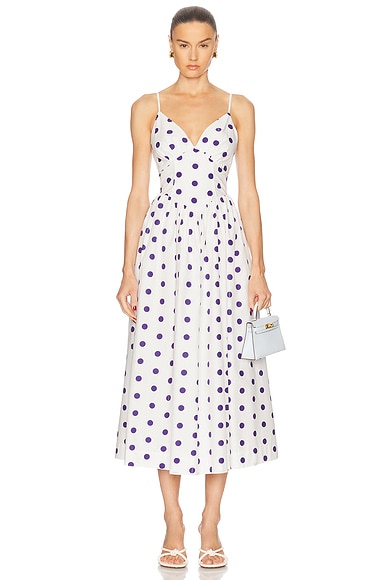 NICHOLAS Becker Princess Waist Midi Dress in Ivory Navy Polka Dot