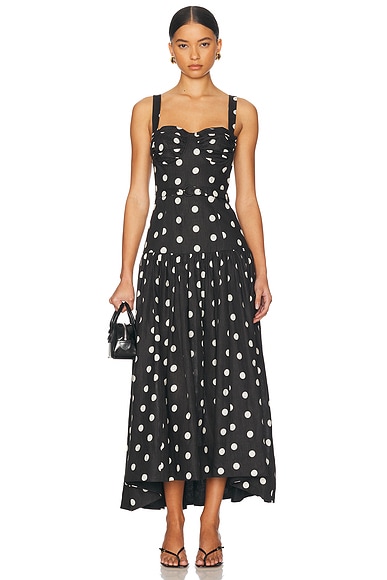 Drenica Bustier Drop Waist Midi Dress in Black Ivory Polka Dot