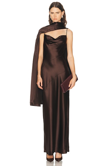 NICHOLAS Nelia Maxi Cape Slip Dress in Espresso