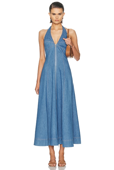 NICHOLAS Elsa Halter Zip Front Maxi Dress in Light Wash