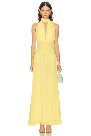 NICHOLAS Arella Deep Plunge Halter Maxi Dress in Lemon