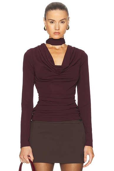 NICHOLAS Demitria Scarf Cowl Neck Long Sleeve Top in Plum