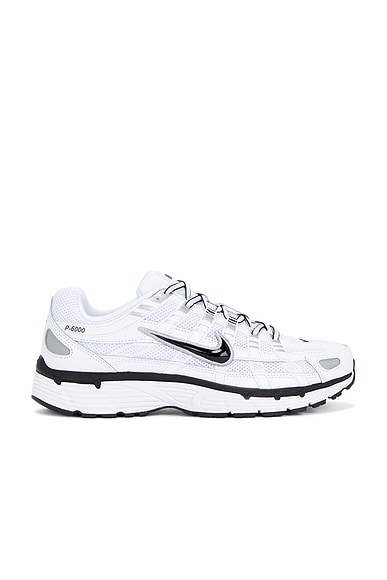 Nike P-6000 Sneakers in White, Black, & Metallic Silver