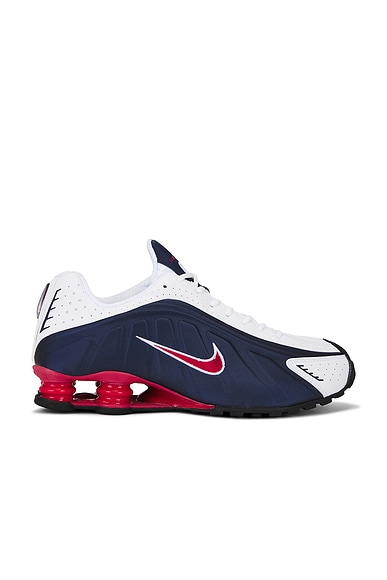 Nike Shox R4 Sneaker in Midnight Navy, Gym Red, White, Metallic Silver, Black, & White