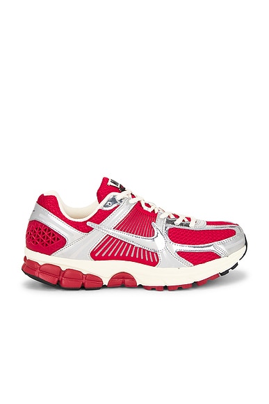 Nike Zoom Vomero 5 in Gym Red, Chrome, Metallic Silver, & Sail