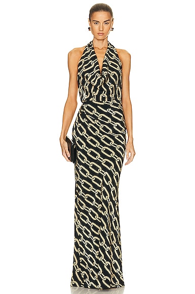 NILI LOTAN Alba Halterneck Dress in Black & Gold in Gold & Black | FWRD
