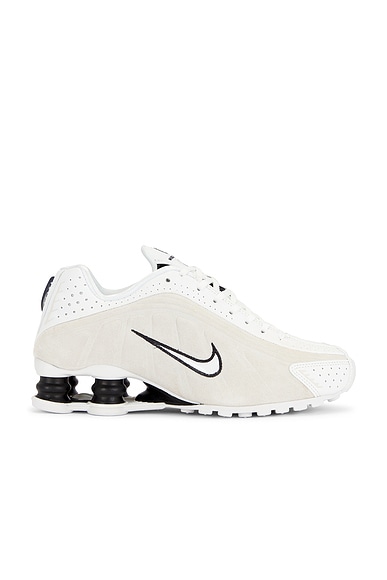 Nike Shox R4 Sneaker in Summit White, Black, & Light Orewood Brown