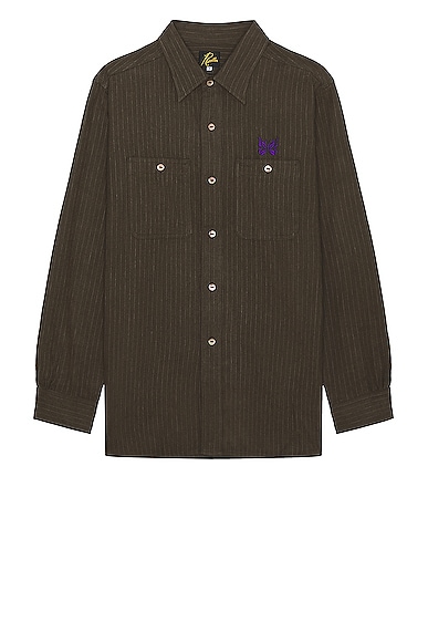 Needles Logo-embroidered Pinstriped Brushed Cotton-blend Twill Shirt In Brown