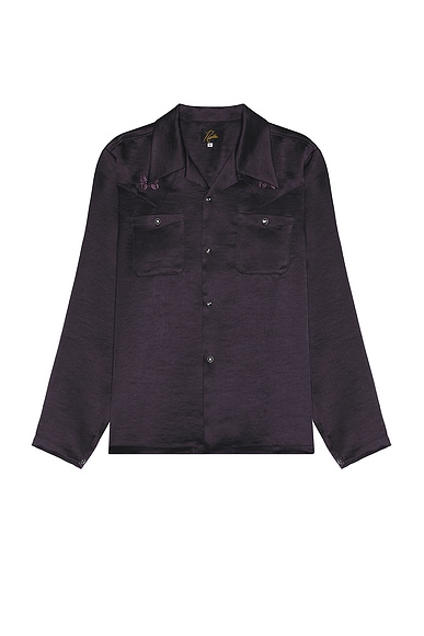Needles Long Sleeve Cowboy One-Up Shirt Poly Sateen in Dark Purple