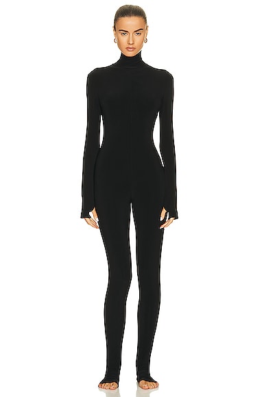 Shop Norma Kamali Long Sleeve Turtleneck Catsuit With Footie In Black