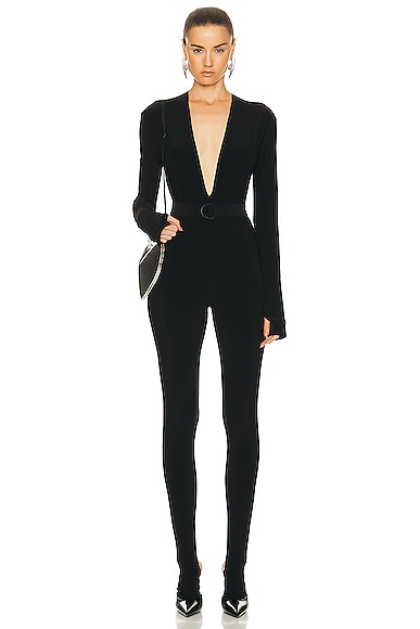 Long Sleeve Deep V Neck Catsuit