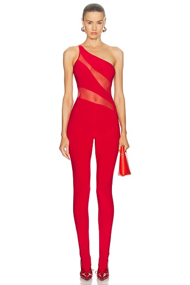 Norma Kamali Snake Mesh Catsuit in Tiger Red