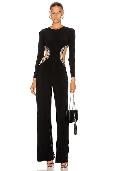 NORMA KAMALI STUD LONG SLEEVE SIDE CUT OUT JUMPSUIT,NOMF-WC48