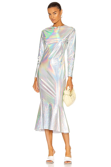 Norma Kamali Long Sleeve Crew Fishtail Dress To Midcalf in Hologram | FWRD