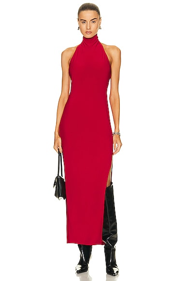 Norma Kamali Halter Turtleneck Side Slit Gown In Red