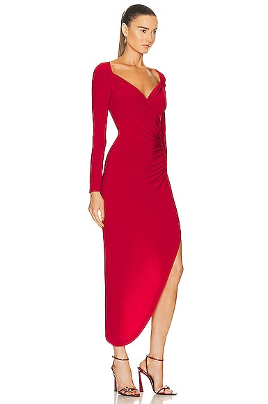 Shop Norma Kamali Long Sleeve Sweetheart Side Drape Gown In Red