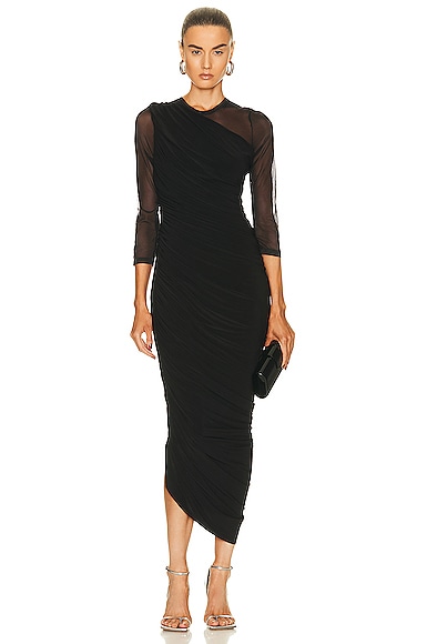 Norma Kamali Long Sleeve Diana Gown in Black & Black Mesh