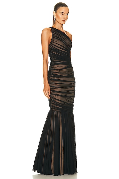 Shop Norma Kamali Diana Fishtail Gown In Black Mesh & Nude