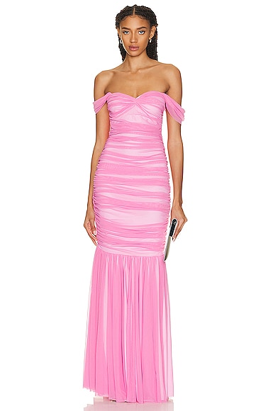 Norma Kamali Walter Off-shoulder Mesh Fishtail Gown In Candy Pink