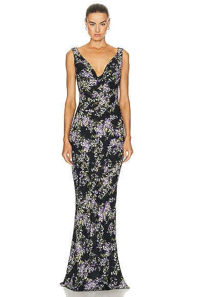 Norma Kamali Deep Drape Neck Gown in Lavender Floral