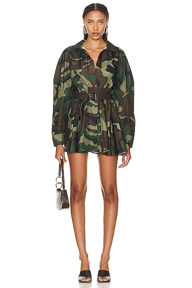 Norma Kamali Super Oversized Shirt Flared Mini Dress in Army