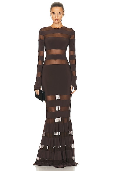 Norma Kamali Spliced Dress Fishtail Gown in Chocolate & Chocolate Mesh