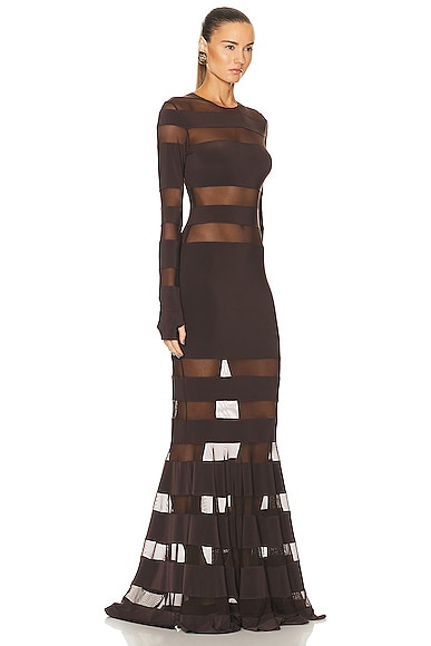 Shop Norma Kamali Spliced Dress Fishtail Gown In Chocolate Mesh