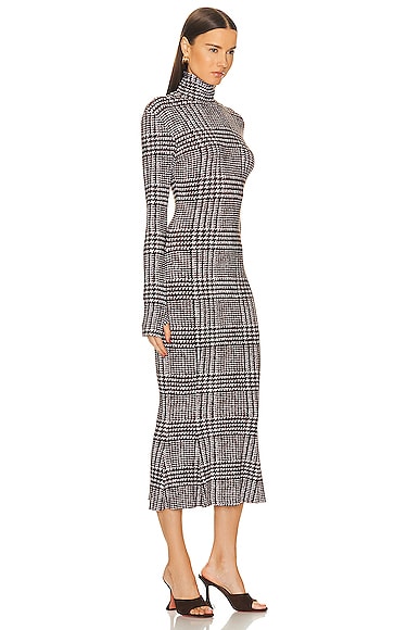 Shop Norma Kamali Long Sleeve Turtleneck Fishtail Dress In Chocolate Glenn Plaid Tweed