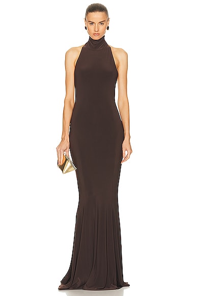 Norma Kamali Halter Turtleneck Fishtail Gown in Chocolate