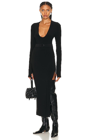 Shop Norma Kamali Long Sleeve Deep U Neck Side Slit Gown In Black