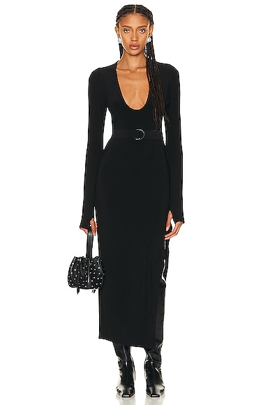Shop Norma Kamali Long Sleeve Deep U Neck Side Slit Gown In Black