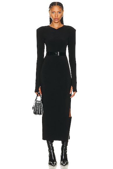 Long Sleeve Shoulder Pad Side Slit Gown