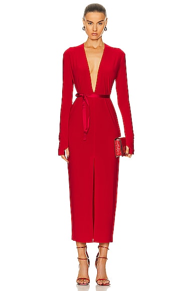 Norma Kamali Long Sleeve Deep V Neck Center Front Slit Gown in Tiger Red
