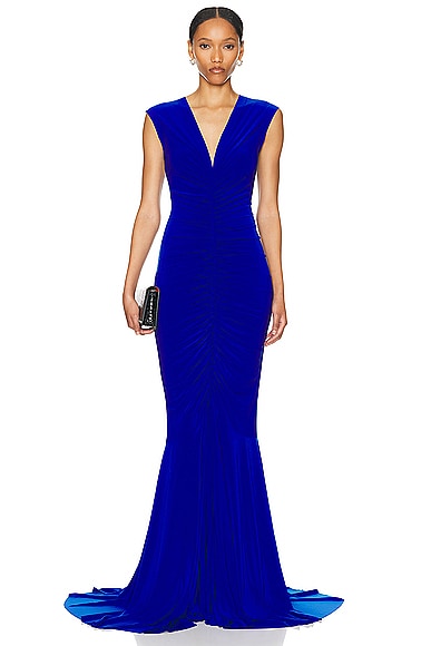 Norma Kamali Sleeveless Deep V Neck Shirred Front Fishtail Gown in Electric Blue