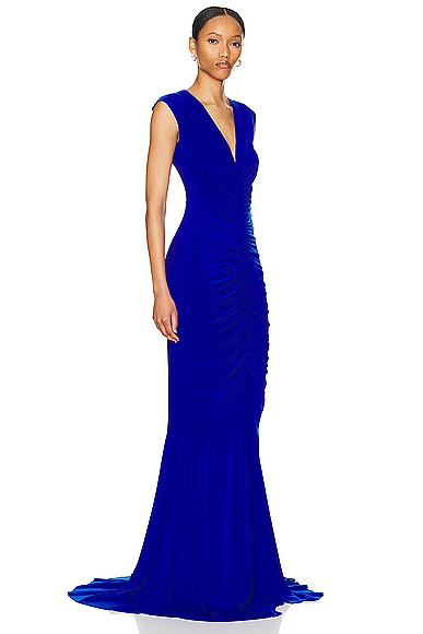 Shop Norma Kamali Sleeveless Deep V Neck Shirred Front Fishtail Gown In Electric Blue