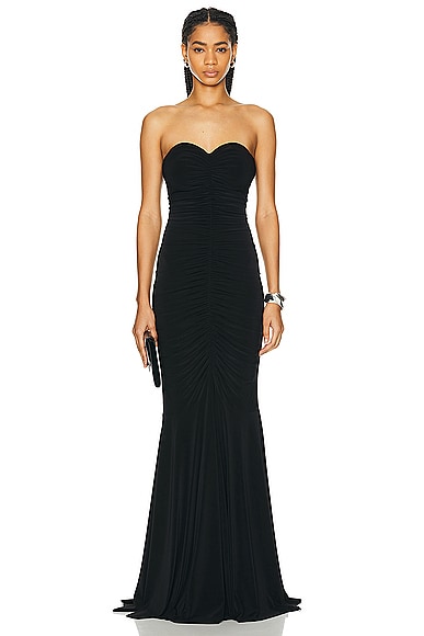 Norma Kamali Strapless Shirred Front Fishtail Gown in Black