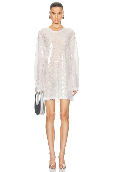 Norma Kamali Long Sleeve Crewneck Mini Dress in Clear & White